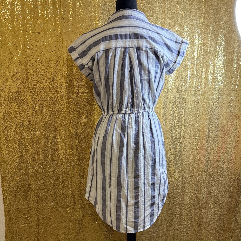 Japna Blue-White Striped Dress button front closure and cinched waist with tie - Picture 6 of 11